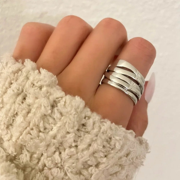925 Sterling Silver Chunky Bold Statement Ring Large Thick Ring Multi Layer - Picture 1 of 9